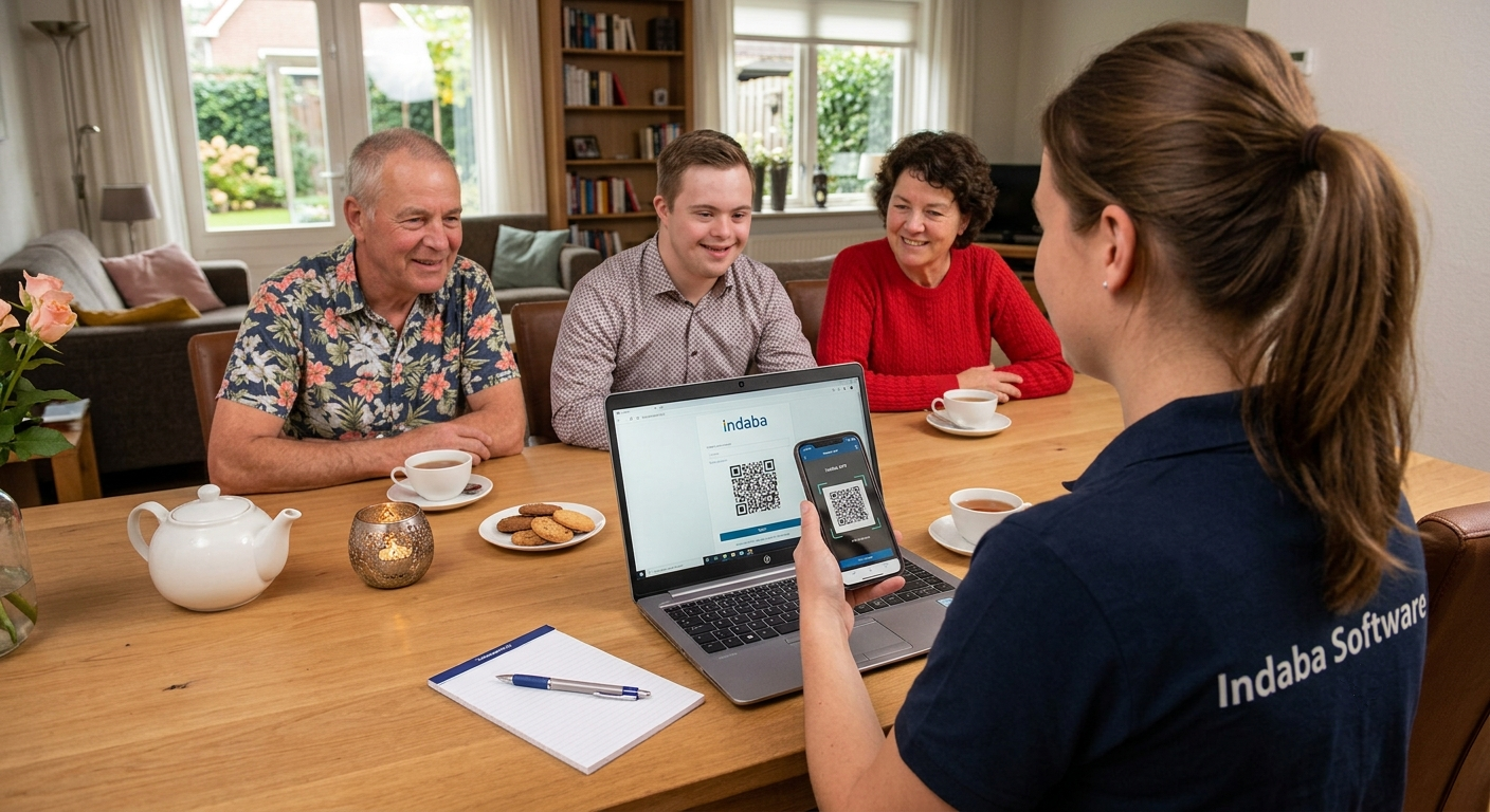 Een begeleider werkt met een cliënt en familie aan de keukentafel in het zorgplatform Indaba