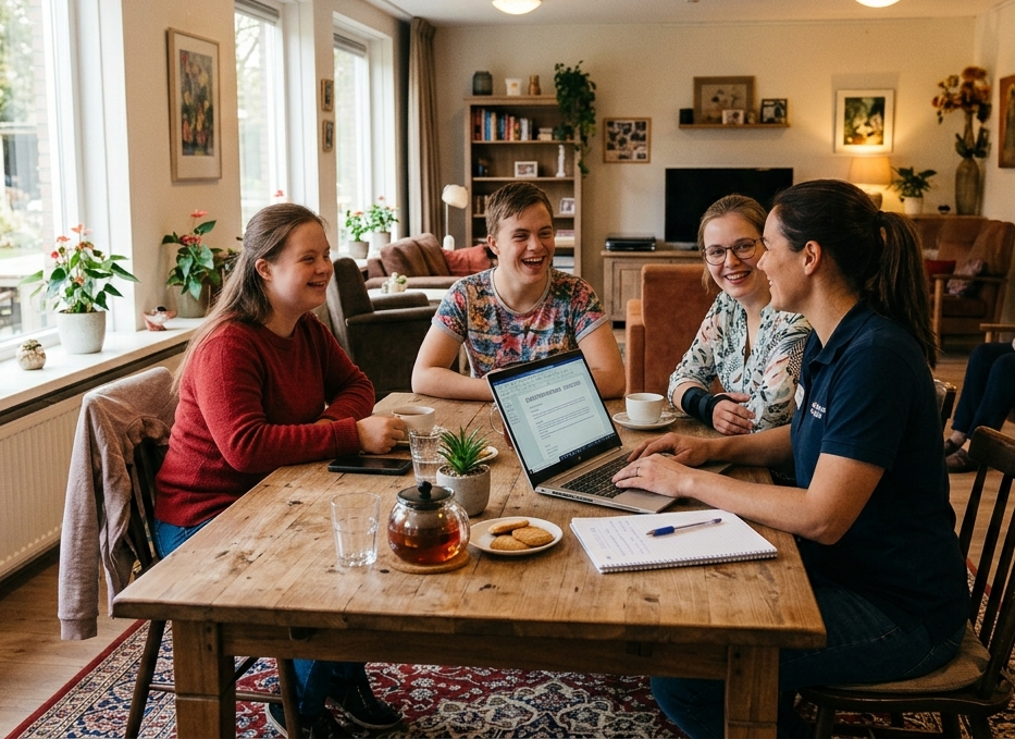 Een begeleider werkt samen met bewoners aan de eettafel op een laptop